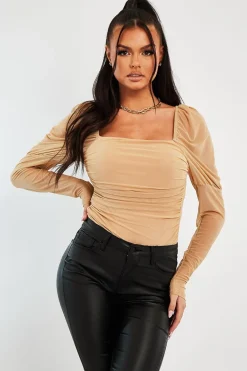Rebellious Fashion Beige Ruched Body Mesh Sleeve Bodysuit - Raeya