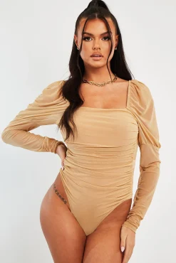 Rebellious Fashion Beige Ruched Body Mesh Sleeve Bodysuit - Raeya