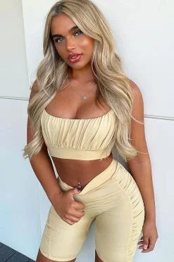 Rebellious Fashion Beige Ruched Panel Crop Top + Cycling Shorts Co-ord - Zariah