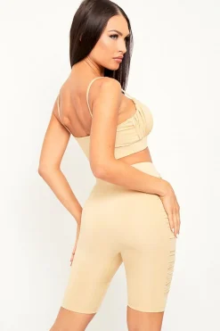Rebellious Fashion Beige Ruched Panel Crop Top + Cycling Shorts Co-ord - Zariah