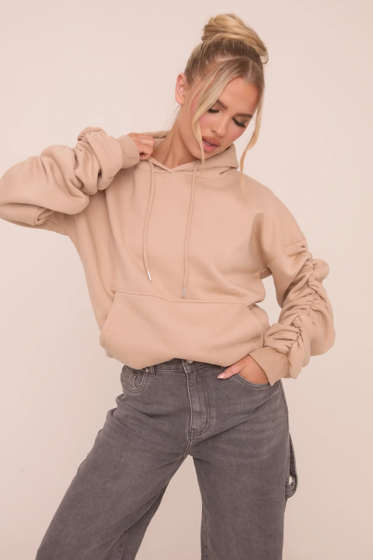 Rebellious Fashion Beige Ruched Sleeve Oversized Hoodie - Lorna