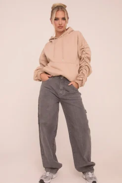 Rebellious Fashion Beige Ruched Sleeve Oversized Hoodie - Lorna