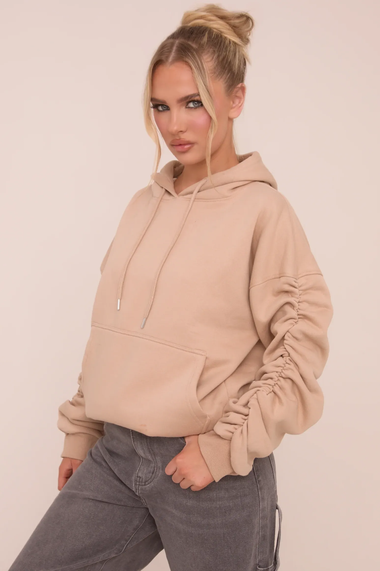 Rebellious Fashion Beige Ruched Sleeve Oversized Hoodie - Lorna