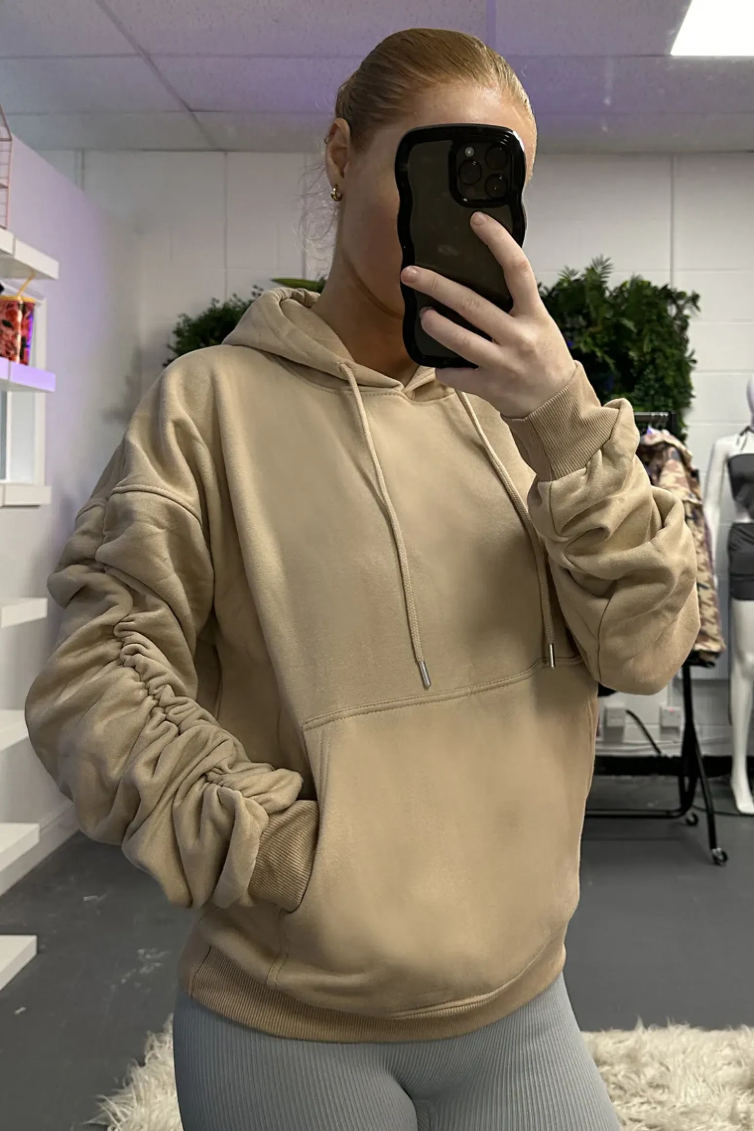 Rebellious Fashion Beige Ruched Sleeve Oversized Hoodie - Lorna