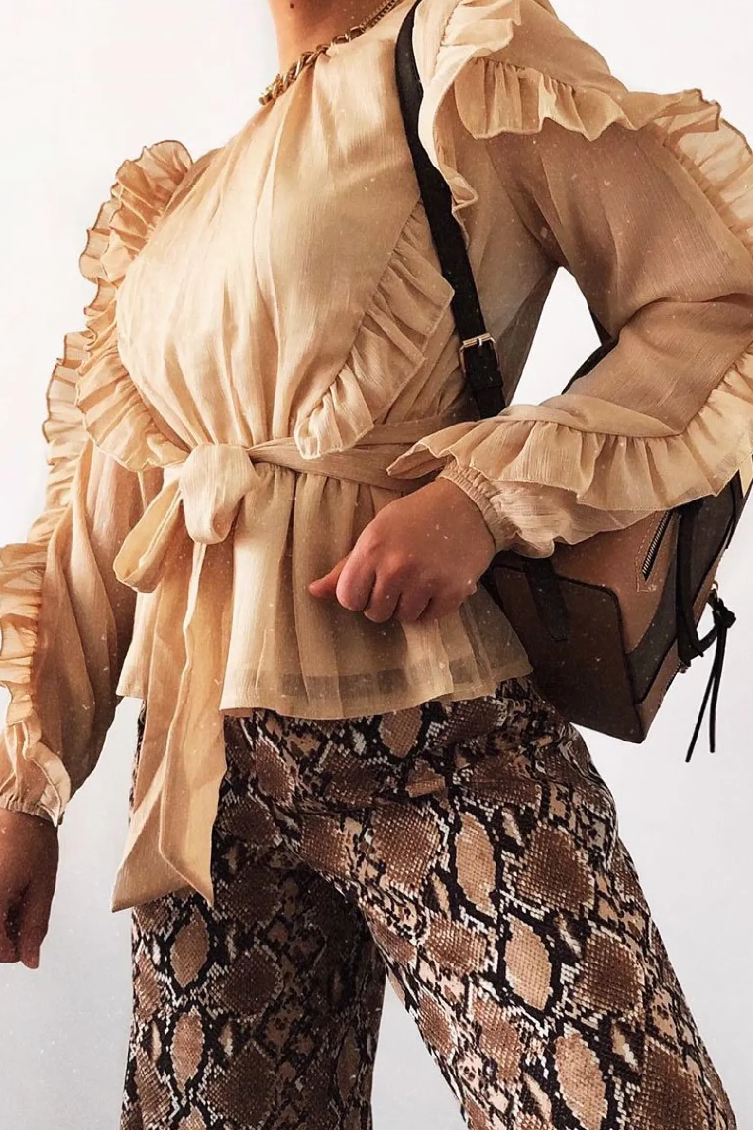 Rebellious Fashion Beige Ruffle Belted Waist Metallic Finish Blouse - Betsey