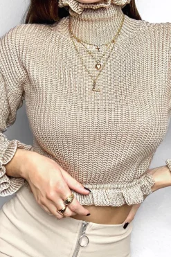 Rebellious Fashion Beige Ruffle Hem Chunky Knit Crop Jumper - Alannah