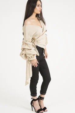 Rebellious Fashion Beige Ruffle Sleeve Crop Top - Susie