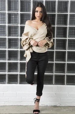 Rebellious Fashion Beige Ruffle Sleeve Crop Top - Susie