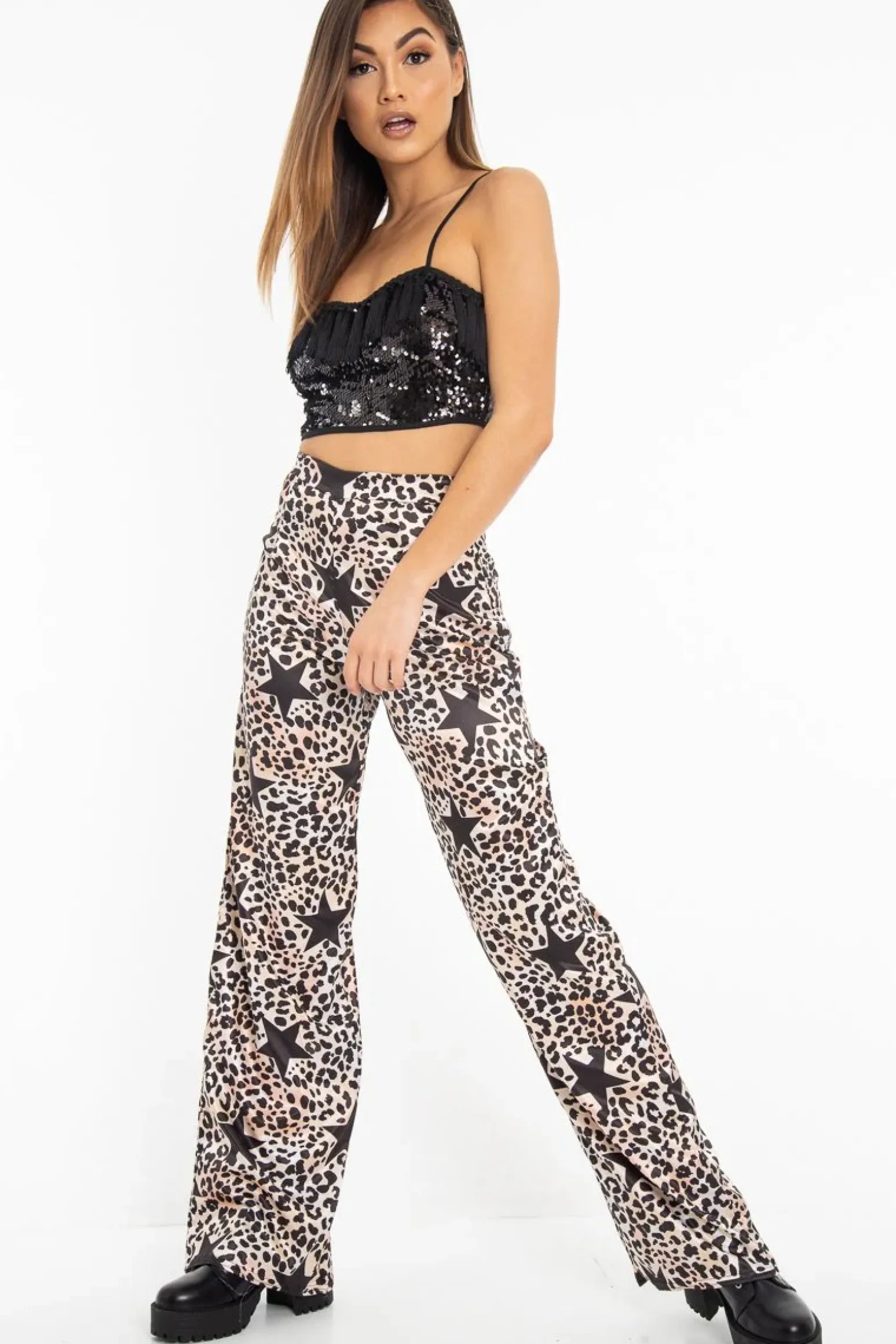 Rebellious Fashion Beige Satin Leopard Print Star Detail Wide Leg Trousers - Pippa