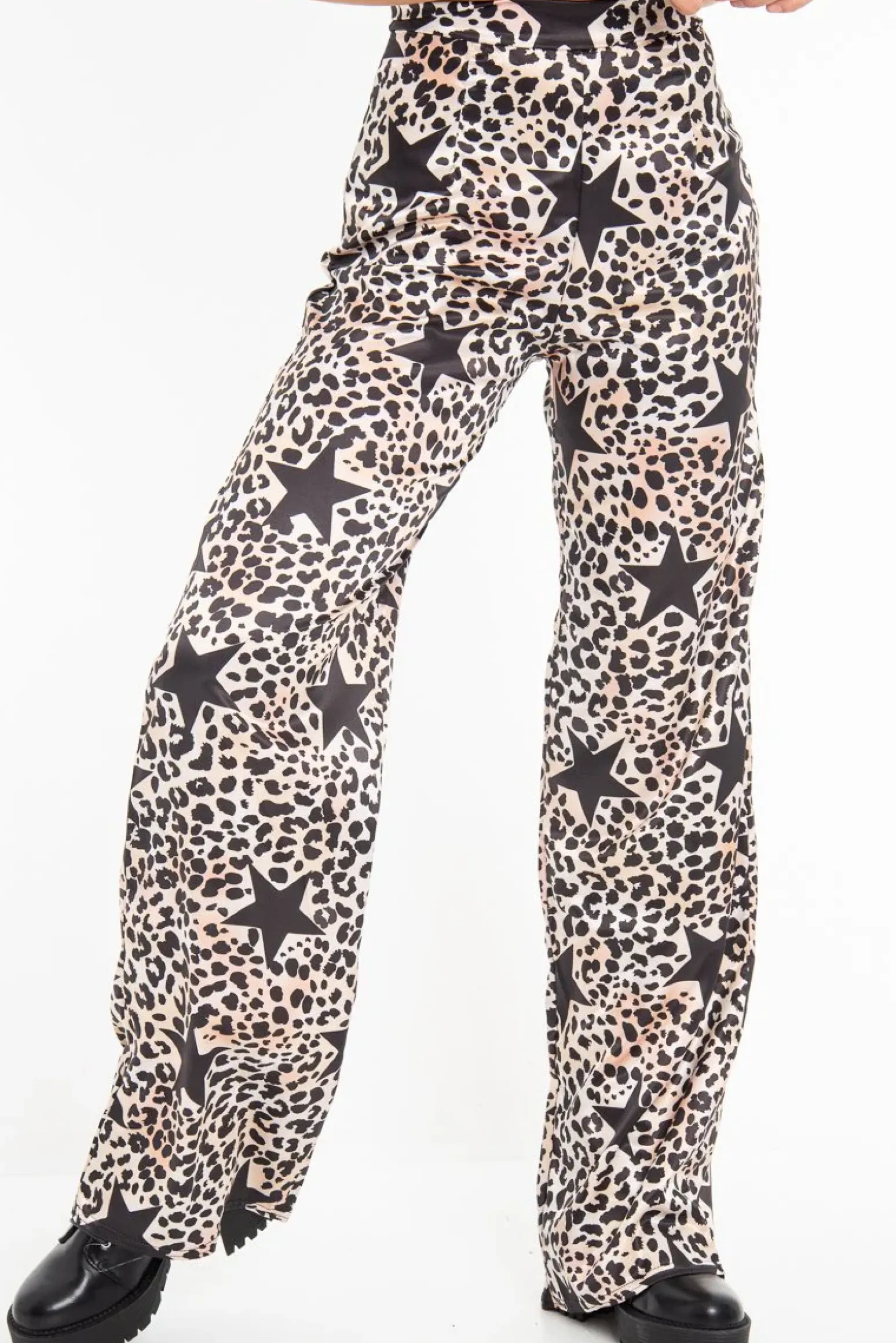 Rebellious Fashion Beige Satin Leopard Print Star Detail Wide Leg Trousers - Pippa