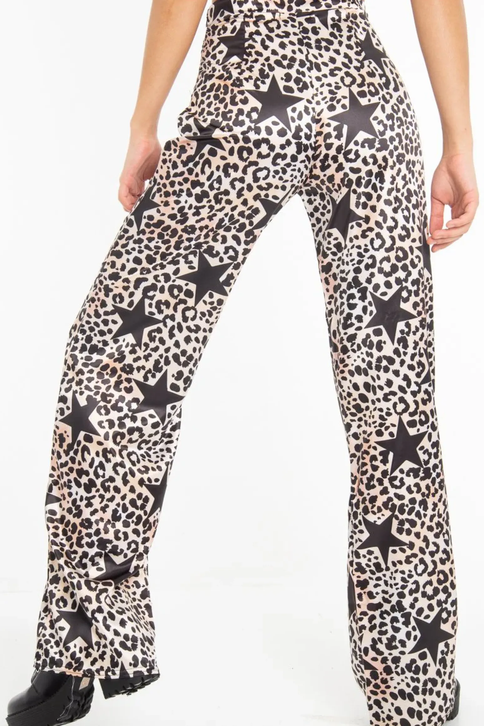 Rebellious Fashion Beige Satin Leopard Print Star Detail Wide Leg Trousers - Pippa