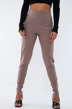Rebellious Fashion Beige Seam Detail Split Hem Leggings - Mila