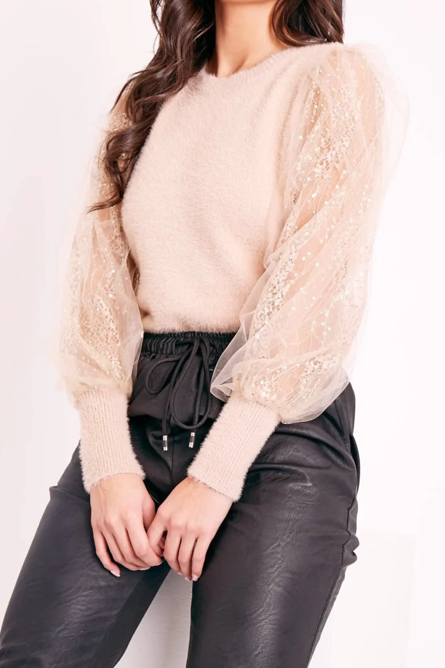 Rebellious Fashion Beige Sequin Mesh Sleeve Fluffy Yarn Jumper - Olisa