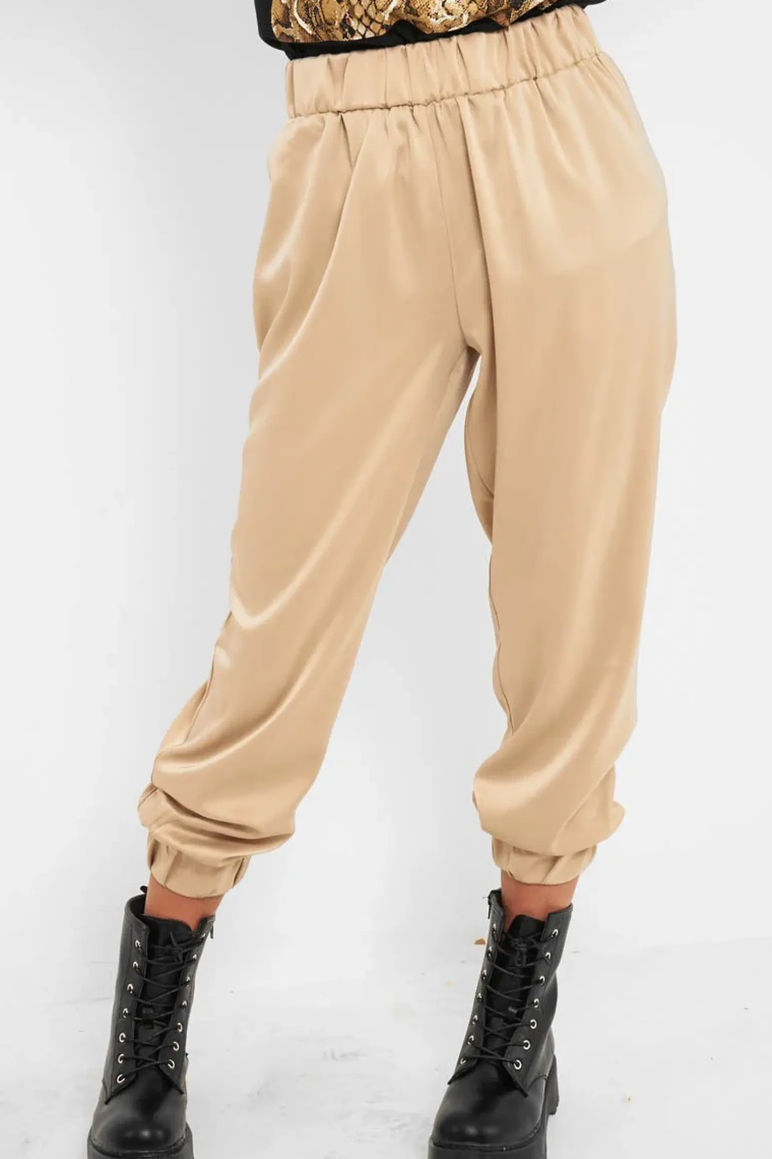 Rebellious Fashion Beige Shiny Woven Cargo Trousers - Atley