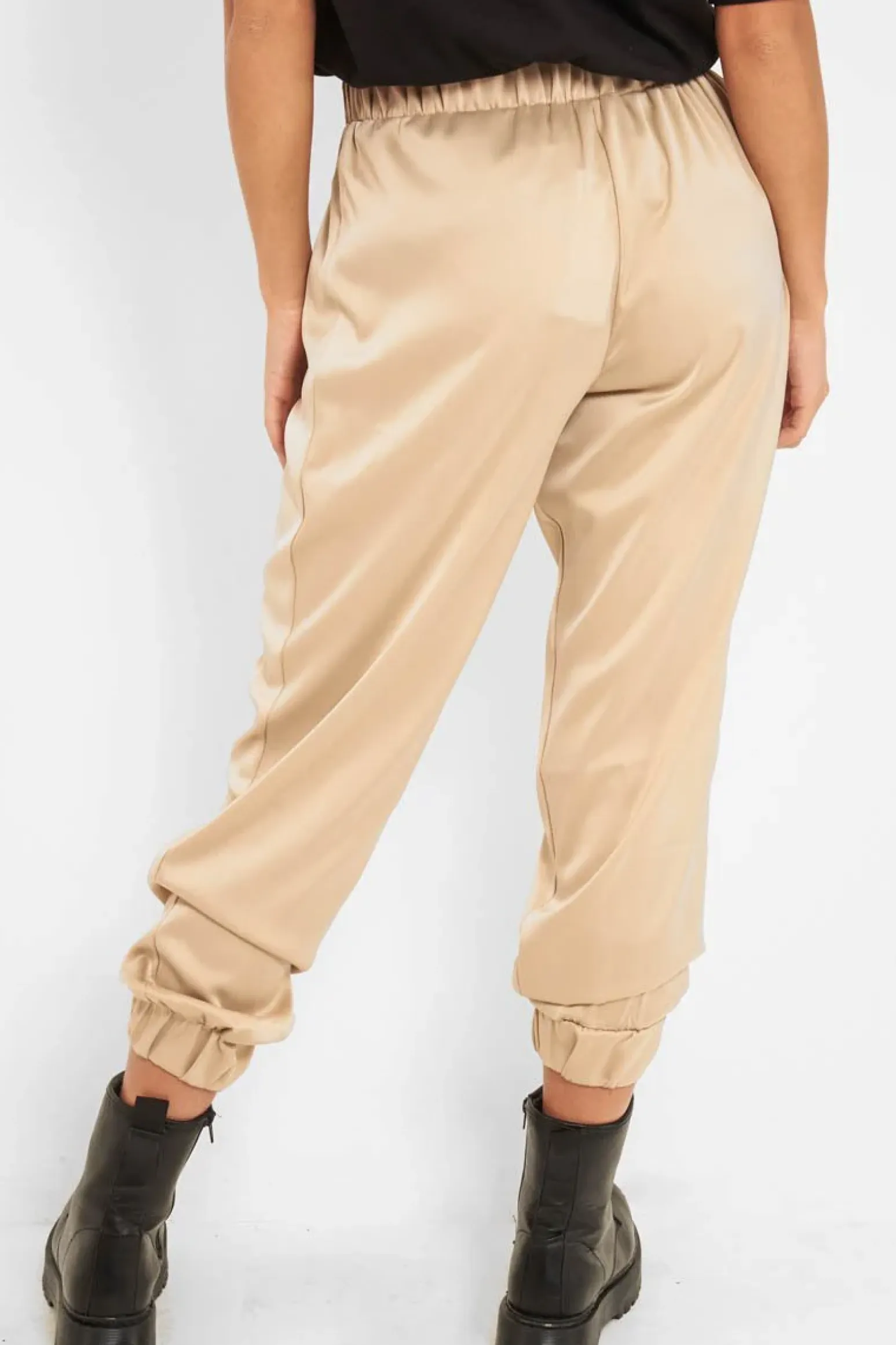 Rebellious Fashion Beige Shiny Woven Cargo Trousers - Atley