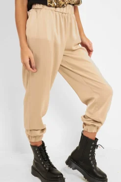 Rebellious Fashion Beige Shiny Woven Cargo Trousers - Atley