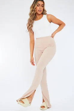 Rebellious Fashion Beige Side Split Rib Trousers - Topaz