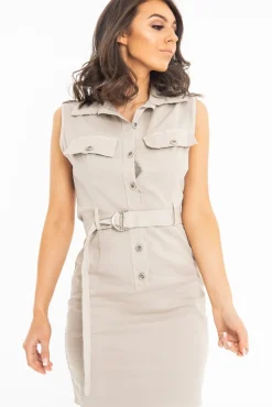 Rebellious Fashion Beige Sleeveless Button Up Shirt Dress - Carlyn