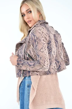 Rebellious Fashion Beige Snake Faux Suede Biker Jacket - Kizzie
