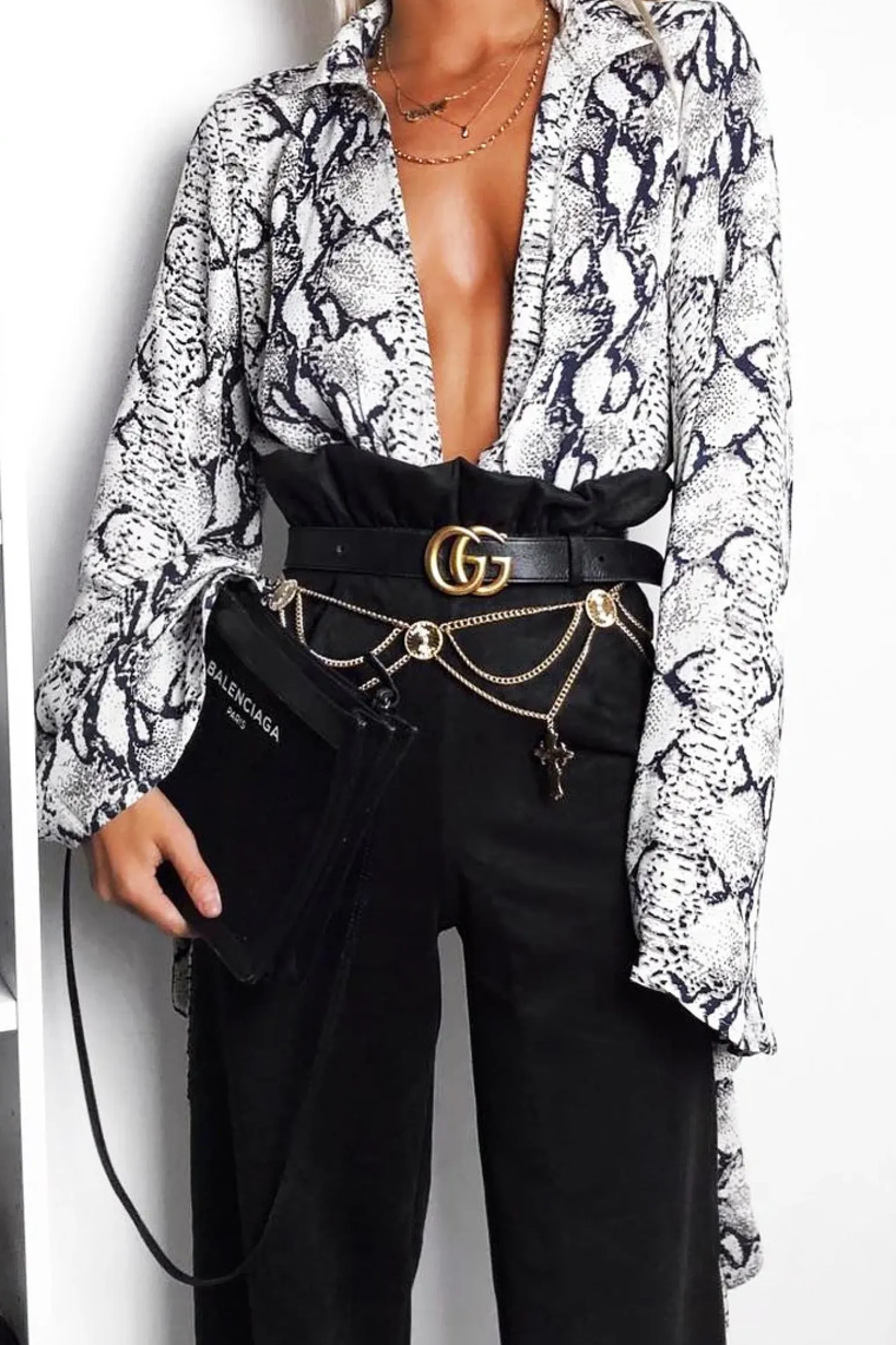 Rebellious Fashion Beige Snake Plunge Flare Sleeve Blouse Bodysuit - Mckyla