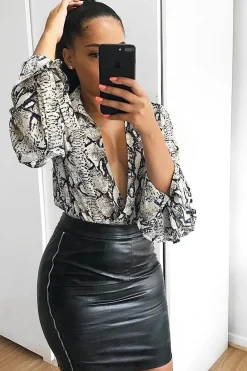 Rebellious Fashion Beige Snake Plunge Flare Sleeve Blouse Bodysuit - Mckyla