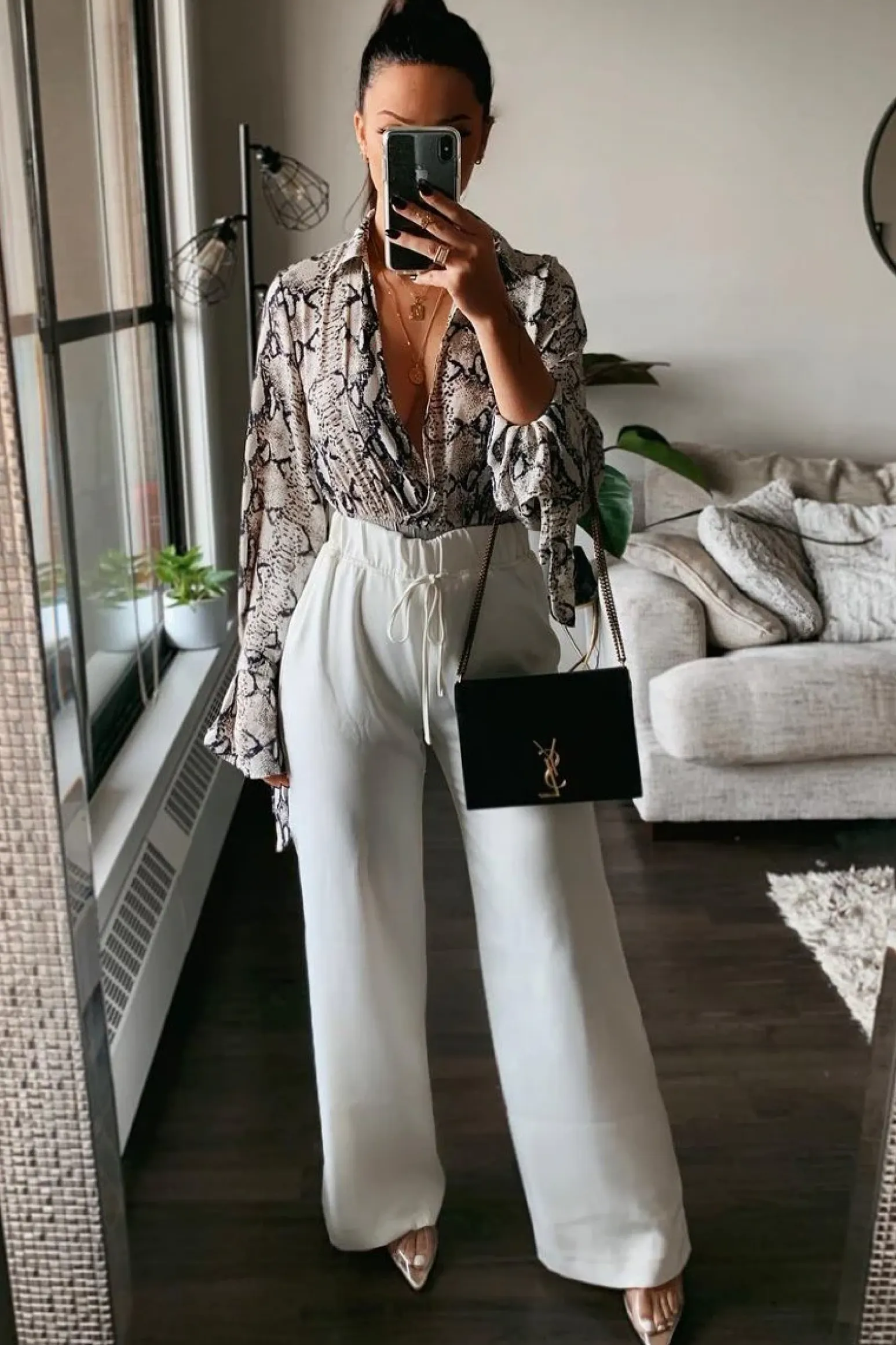Rebellious Fashion Beige Snake Plunge Flare Sleeve Blouse Bodysuit - Mckyla