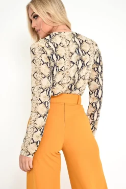 Rebellious Fashion Beige Snake Plunge Long Sleeve Bodysuit - Katya