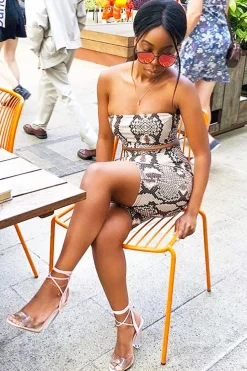 Rebellious Fashion Beige Snake Print Bandeau And Cycling Shorts Co- ord - Aaleiyah
