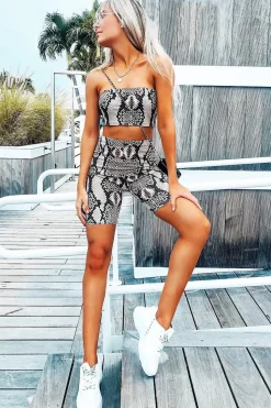 Rebellious Fashion Beige Snake Print Bandeau And Cycling Shorts Co- ord - Aaleiyah