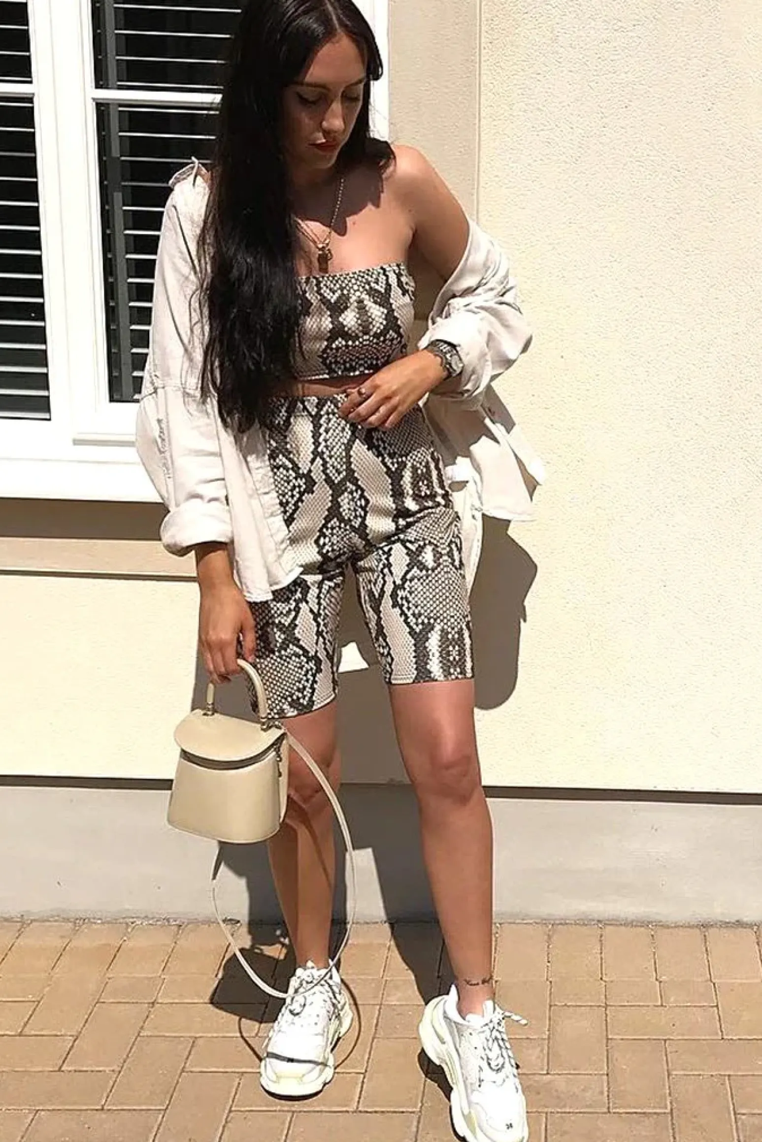 Rebellious Fashion Beige Snake Print Bandeau And Cycling Shorts Co- ord - Aaleiyah