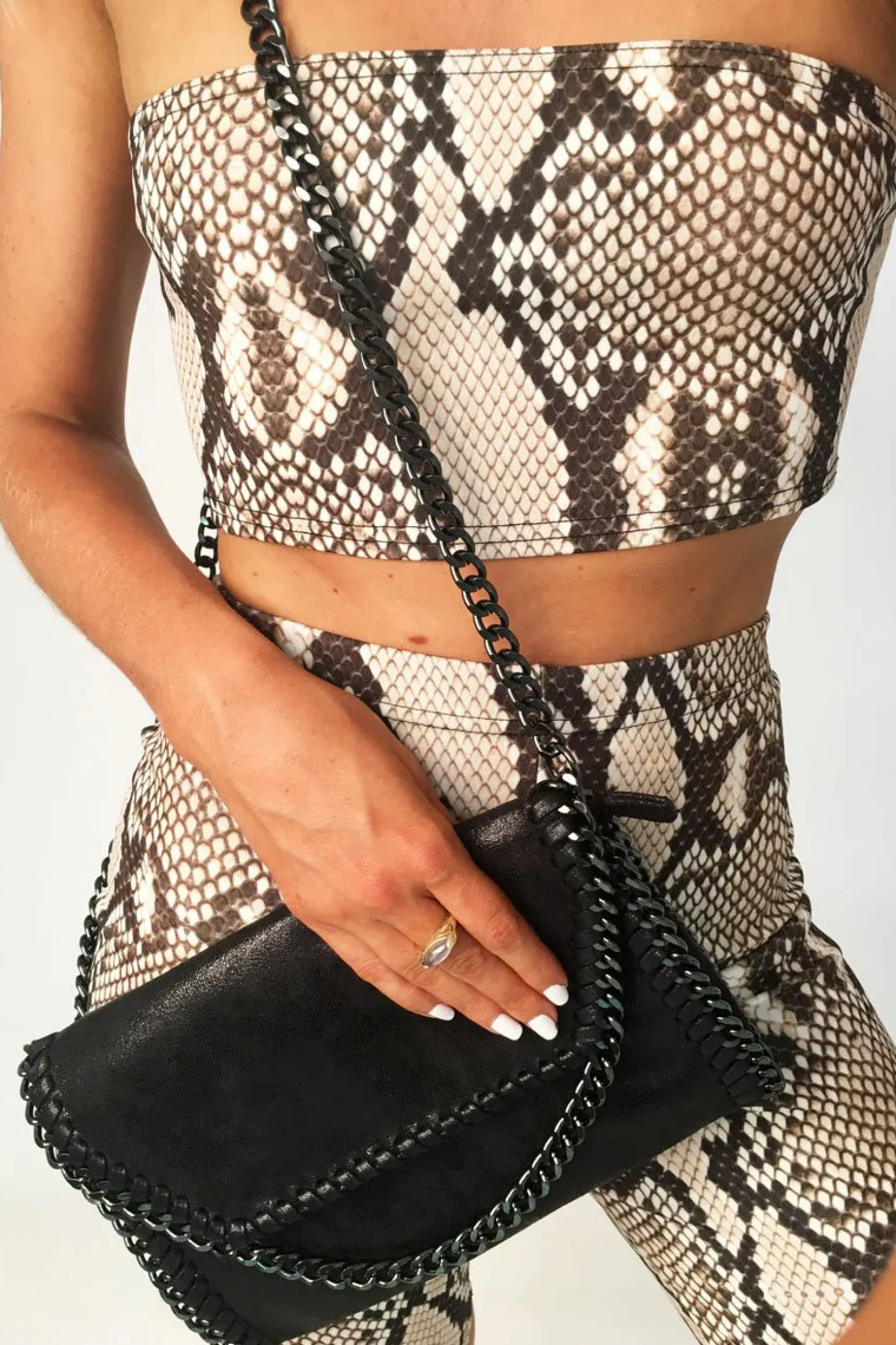 Rebellious Fashion Beige Snake Print Bandeau And Cycling Shorts Co- ord - Aaleiyah