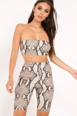 Rebellious Fashion Beige Snake Print Bandeau And Cycling Shorts Co- ord - Aaleiyah