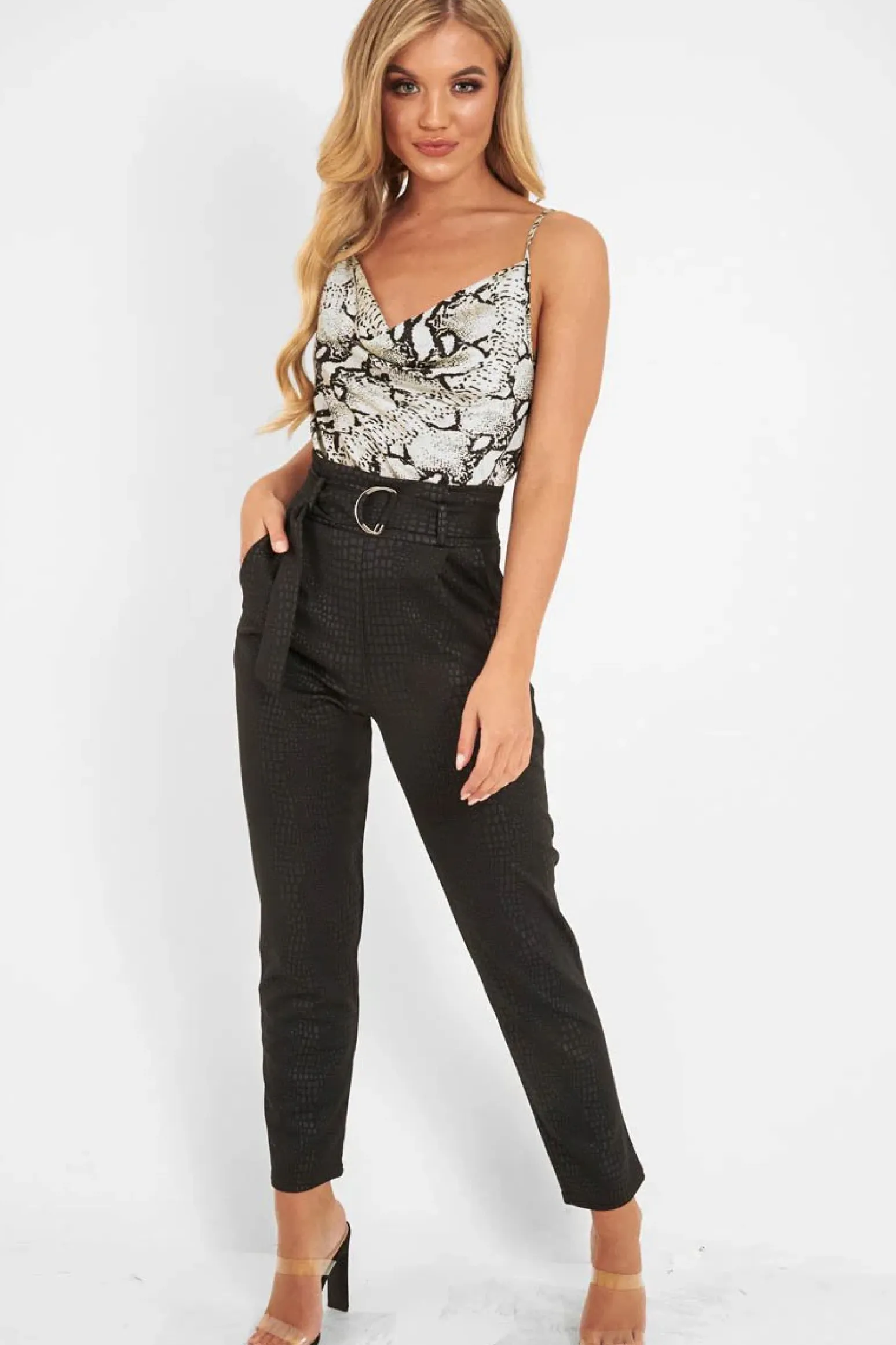 Rebellious Fashion Beige Snake Print Cowl Neck Bodysuit - Ensley