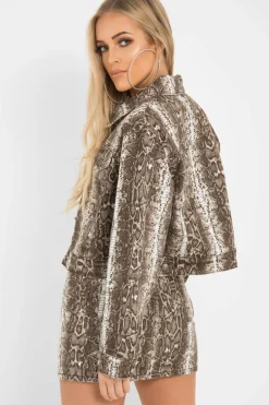 Rebellious Fashion Beige Snake Print Crop Denim Jacket - Bernice