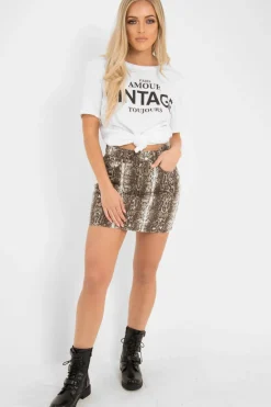 Rebellious Fashion Beige Snake Print Denim Mini Skirt - Antonia
