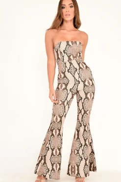 Rebellious Fashion Beige Snake Print Flare Bandeau Jumpsuit - Letizia