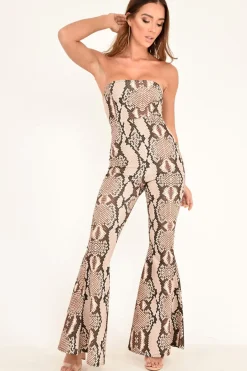 Rebellious Fashion Beige Snake Print Flare Bandeau Jumpsuit - Letizia