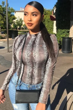 Rebellious Fashion Beige Snake Print High Neck Long Sleeve Bodysuit - Monique