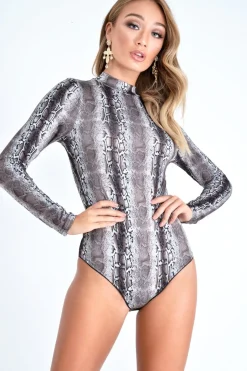 Rebellious Fashion Beige Snake Print High Neck Long Sleeve Bodysuit - Monique