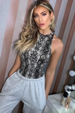 Rebellious Fashion Beige Snake Print High Neck Sleeveless Bodysuit - Bridgett