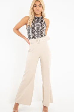 Rebellious Fashion Beige Snake Print High Neck Sleeveless Bodysuit - Bridgett