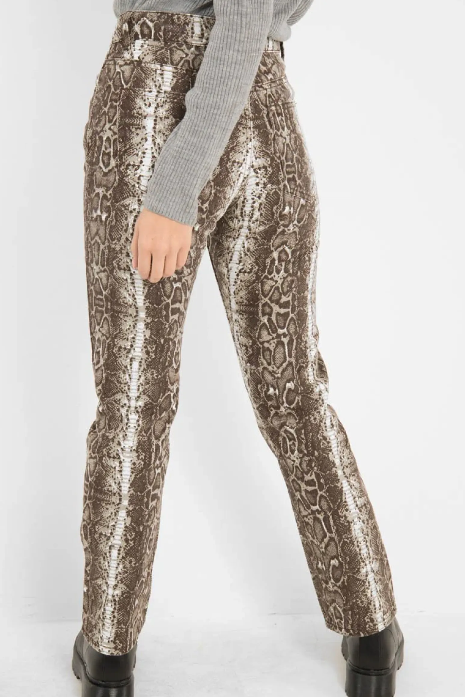 Rebellious Fashion Beige Snake Print High Waist Denim Jeans - Raeann