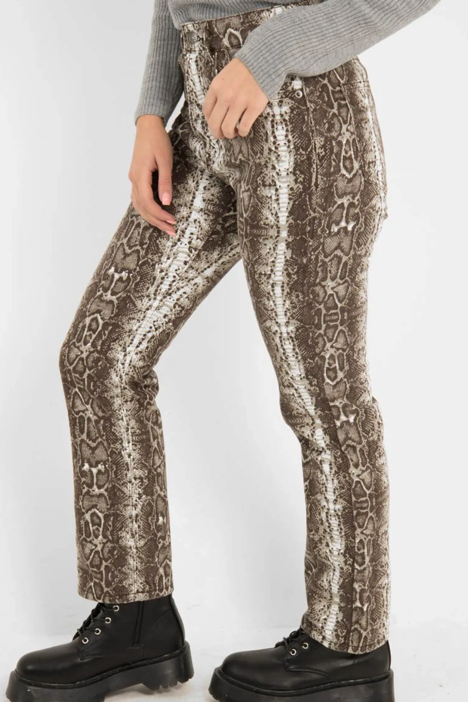 Rebellious Fashion Beige Snake Print High Waist Denim Jeans - Raeann