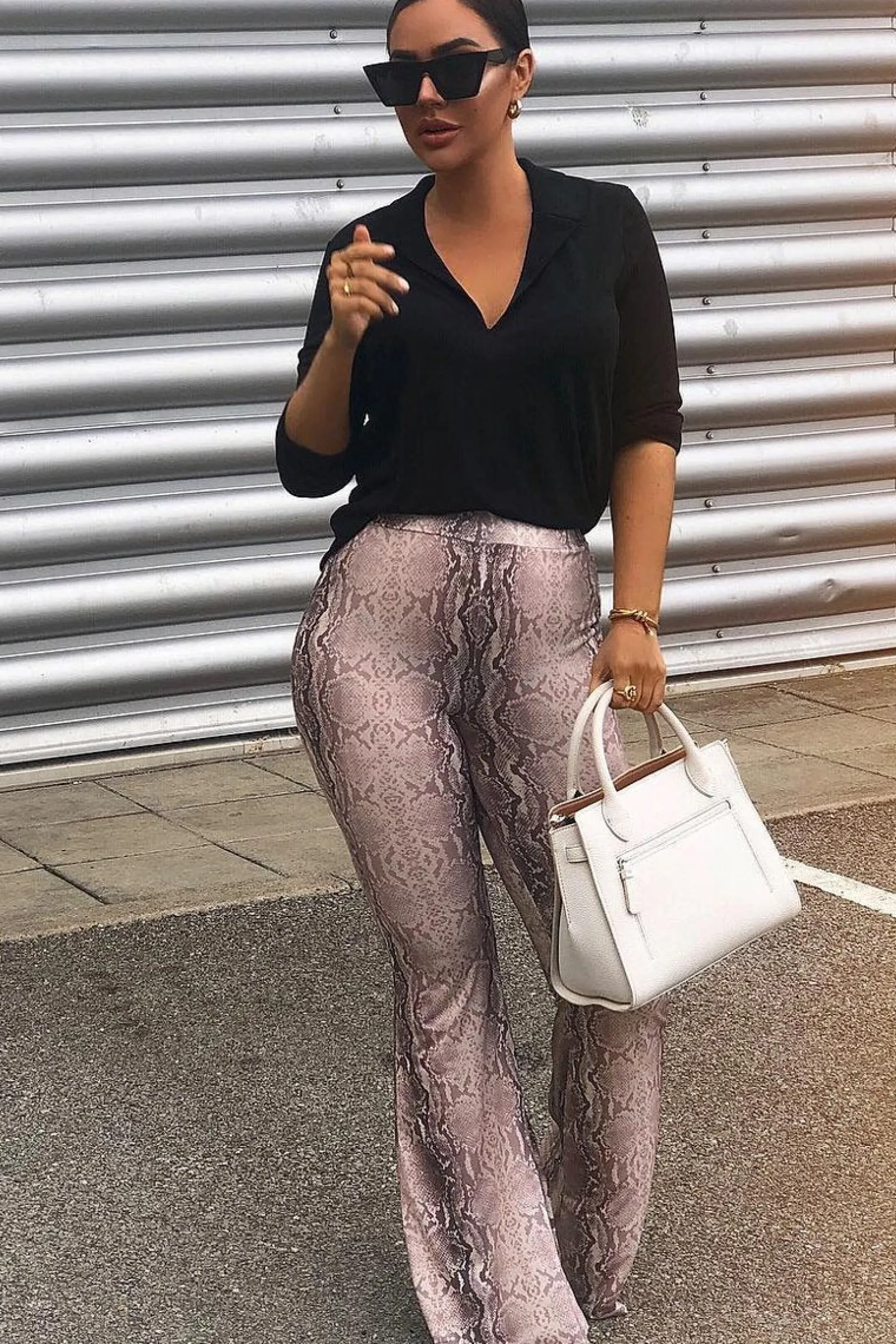 Rebellious Fashion Beige Snake Print High Waisted Flared Trousers - Kamryn