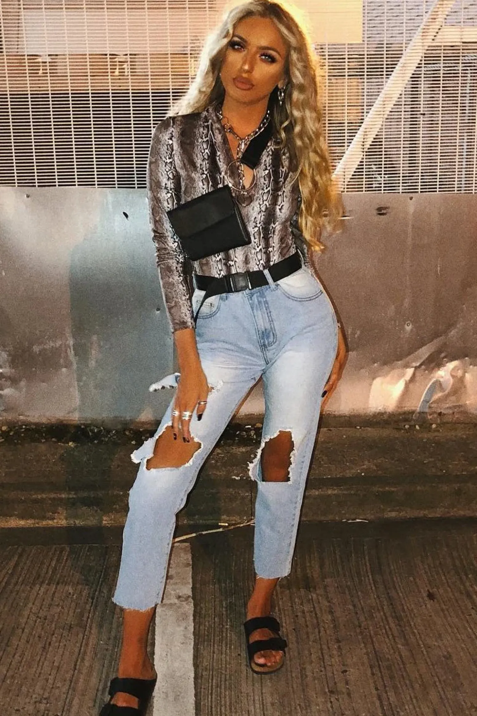 Rebellious Fashion Beige Snake Print Plunge Long Sleeve Bodysuit - Kindra