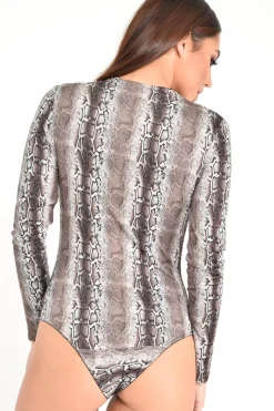 Rebellious Fashion Beige Snake Print Plunge Long Sleeve Bodysuit - Kindra
