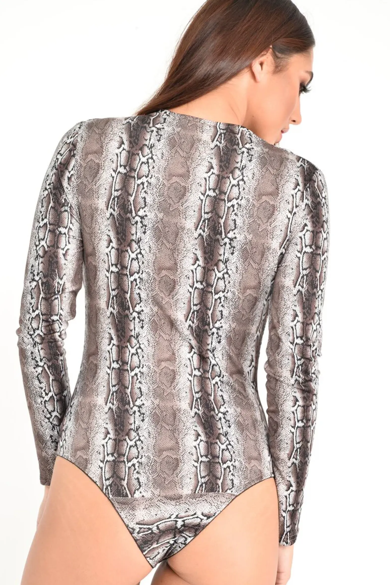 Rebellious Fashion Beige Snake Print Plunge Long Sleeve Bodysuit - Kindra