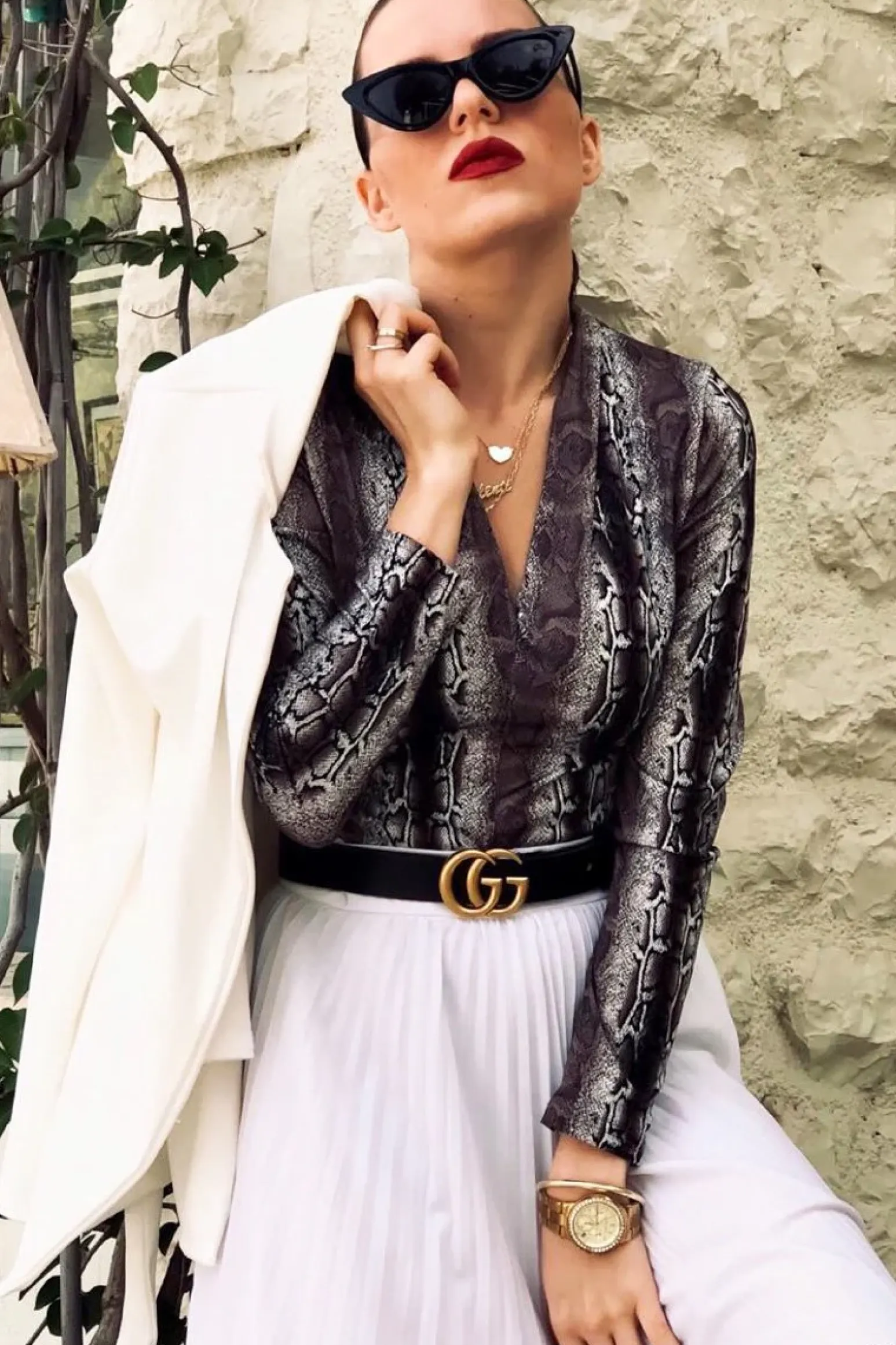 Rebellious Fashion Beige Snake Print Plunge Long Sleeve Bodysuit - Kindra