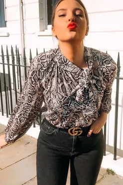 Rebellious Fashion Beige Snake Print Satin Long Sleeve Bow Shirt - Abrah