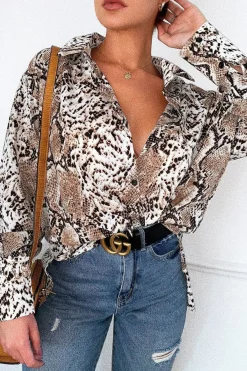Rebellious Fashion Beige Snake Print Shirt Dress - Haigen